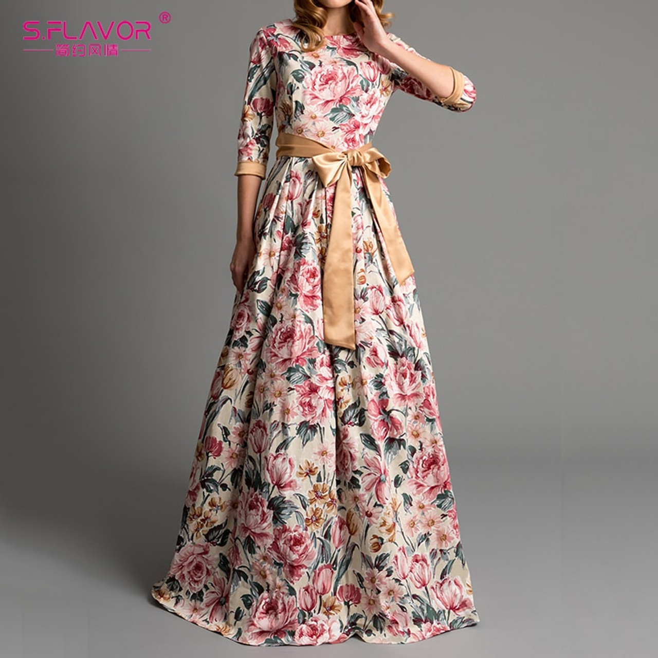 S.FLAVOR Bohemian printing long dress O-neck three quarter sleeve big hem  women autumn winter dress elegant casual vestidos - OnshopDeals.Com